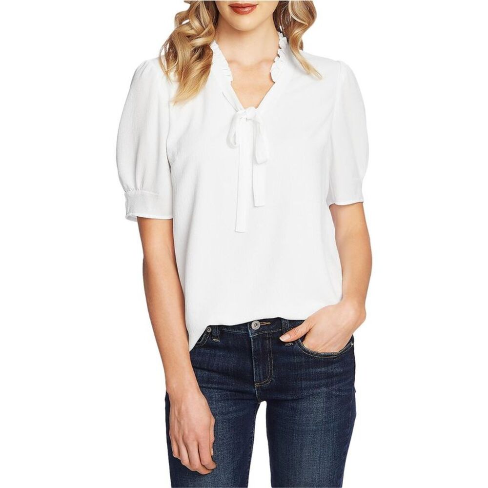 CeCe Womens Tie V-Neck Ruffled Blouse, White, XS, DM